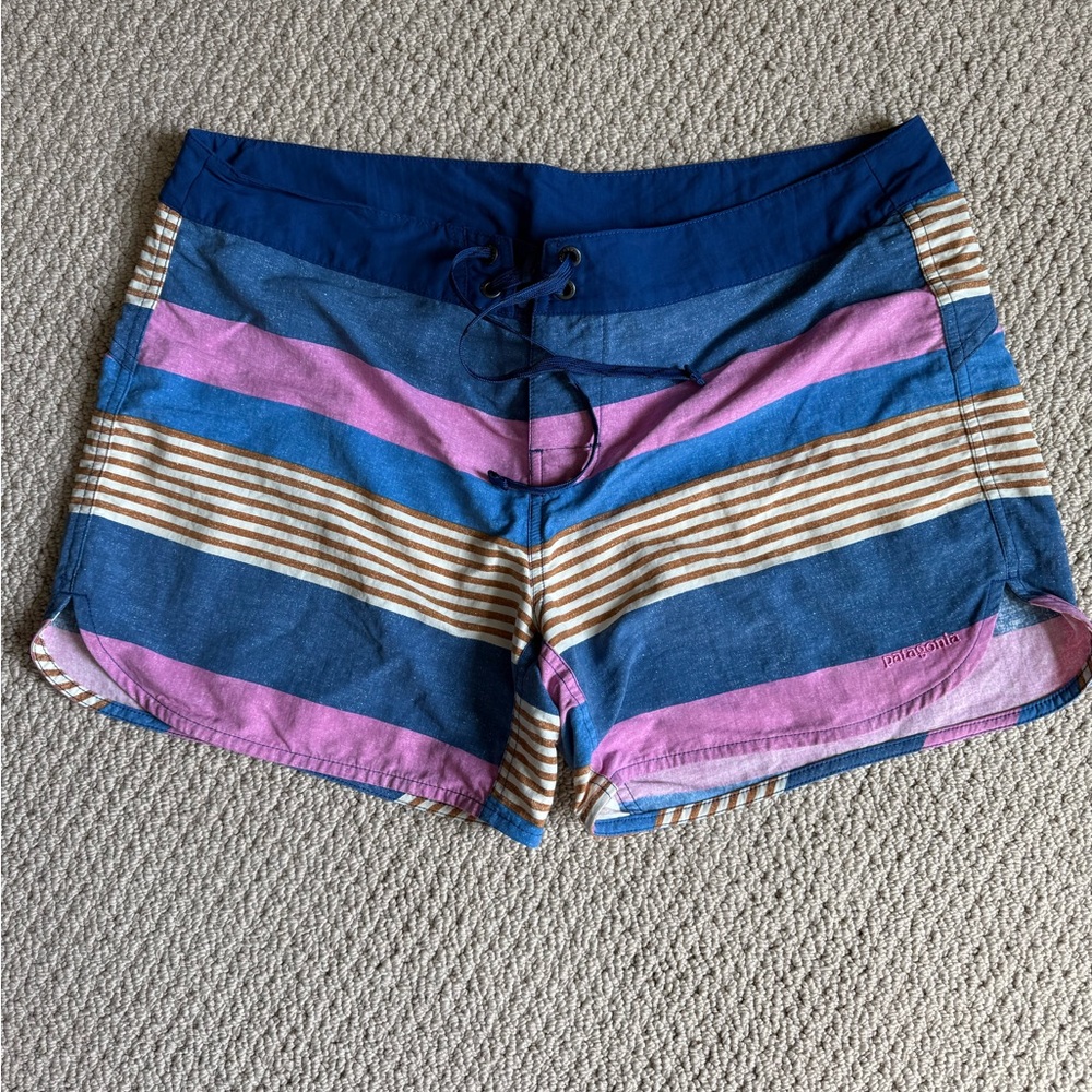 Patagonia Women's Wavefare Boardshorts Striped - Blue, Pink, and Tan